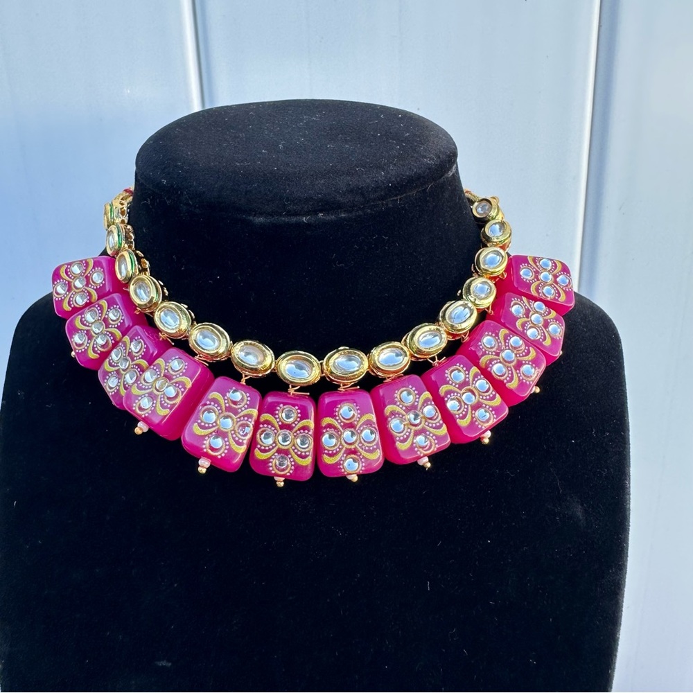 Kundan Pink Beaded Choker Necklace Set | Indian Floral Statement Jewelry - Picture 5 of 9